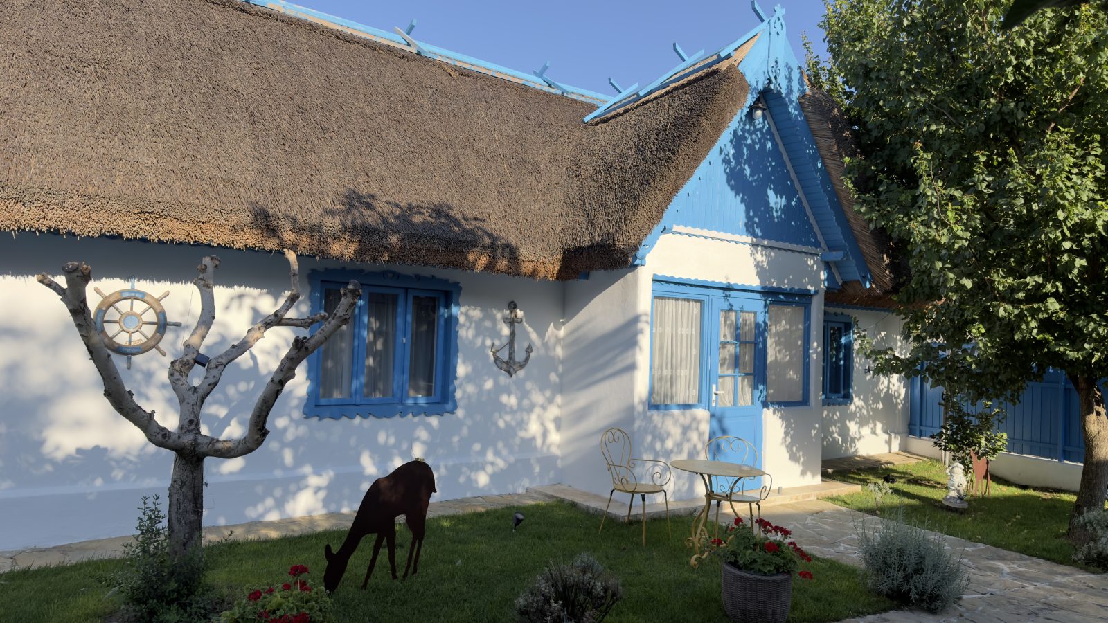 Căprioara în fața casei cu acoperiș de stuf — Casa Ilinca Jurilovca